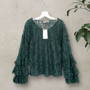 Solitaire Lace Blouse Long Layered Ruffle Bell Sleeve Crew Neck Jade Gre…